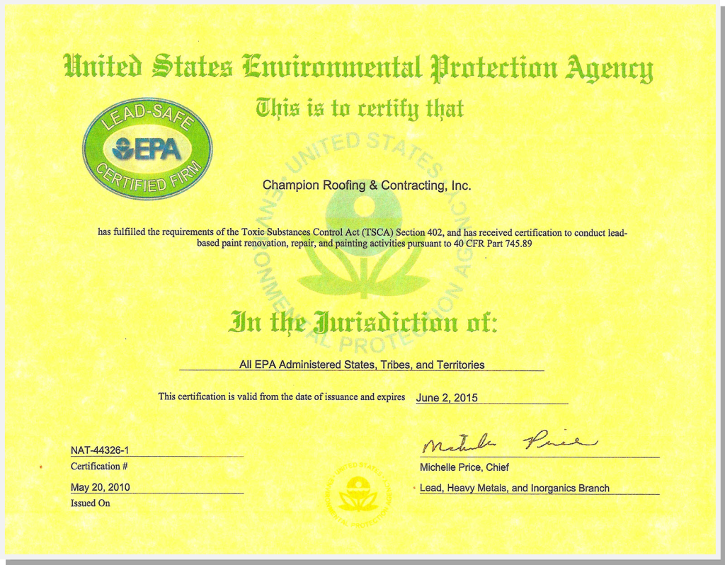 EPA cert Framed Champion Roofing and Contracting Inc
